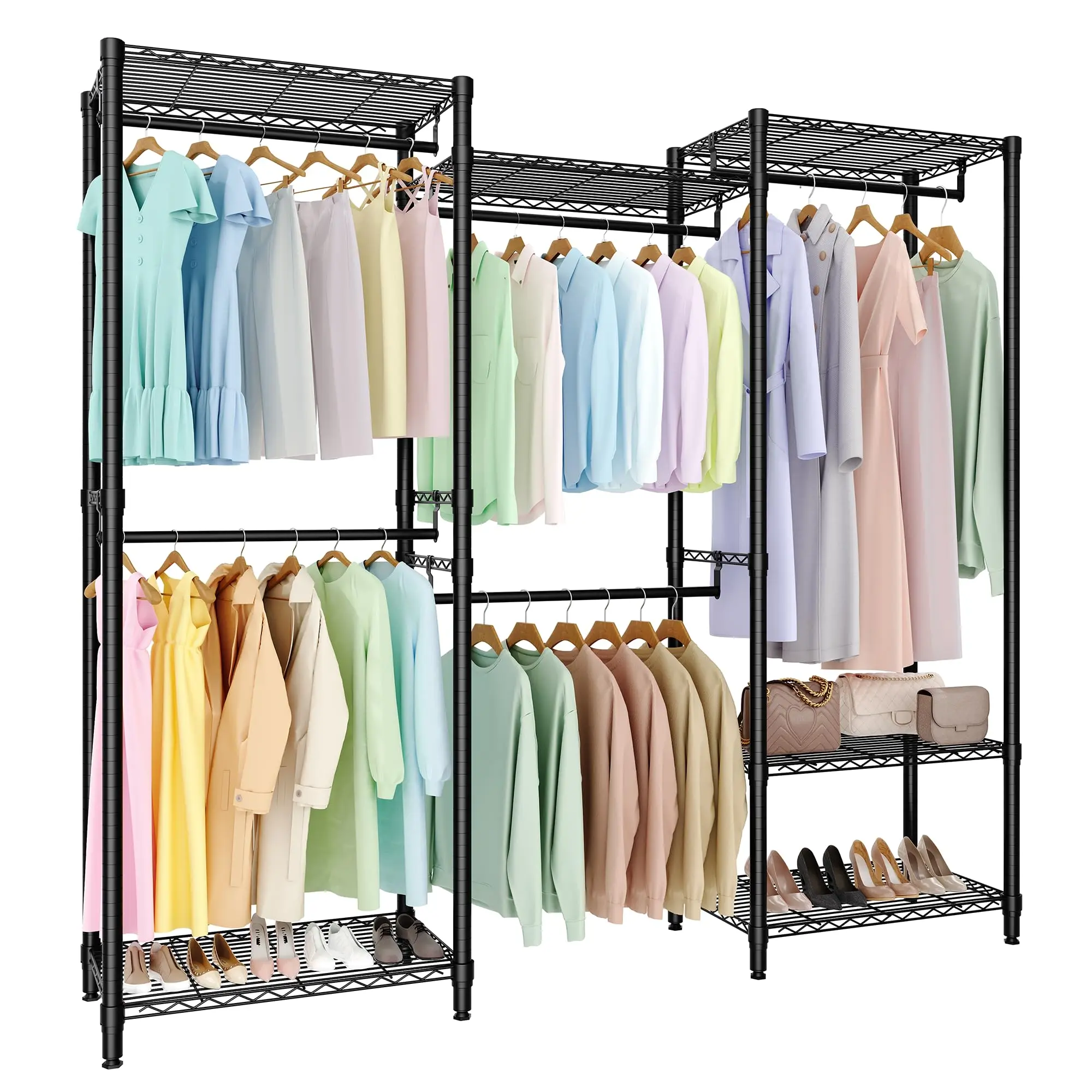 Garvee Heavy-Duty Freestanding Garment Rack, Adjustable Clothes Organizer with 5 Hanging Rods & 8 Wire Shelves, Portable Open Wardrobe Storage Rack, 1874 lb Capacity, 76.5"H x 73.6"L x 17.4"W