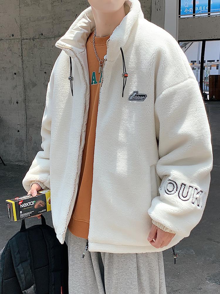 Men's lambskin stand collar embroidered warm jacket Large size loose casual fleece cotton jacket American street style letter embroidery fleece jacket