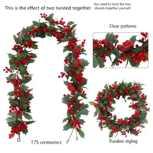 Artificial Christmas Wreath with Ivy & Holly Berries, Red Berry & Foliage Wreath for Fireplace, Staircase & Shelf, Indoor & Outdoor Decor for Christmas, New Year & Wedding, Battery-Free, Easy to Hang & Washable