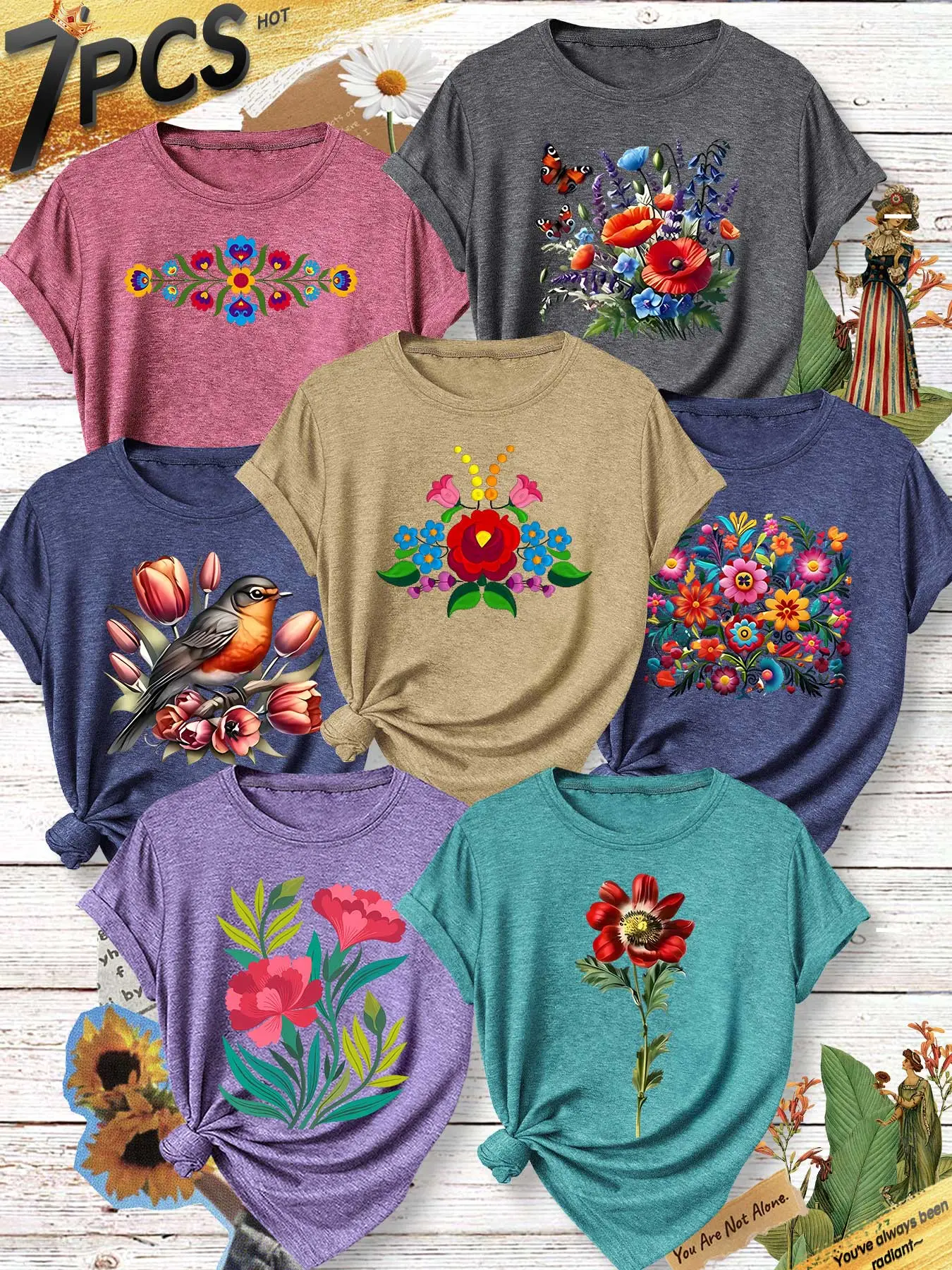 7Pcs Women Crew Neck T-Shirt, Bird Butterfly Folk Bouquet Countryside Forest Print, Multi-color Available, Machine Washable, Soft Skin-friendly Spring Summer Daily Stylish Top