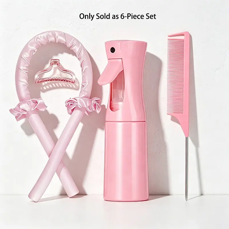 6Pcs EVA Foam No Heat Overnight Curling Set, Soft Satin Lazy Sleep Hair Curler, Damage-Free Hair Accessories with Foam Curling Rods, Hair Ties and Rat Tail Comb, DIY Styling Tool + 200ml Leakproof Fine Mist Spray Bottle