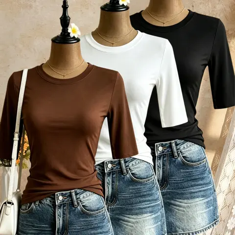 Women's Solid Color Round Neck Short Sleeve T-Shirt, Casual Basic Summer Tee, Minimalist Top for Ladies Daily Wear