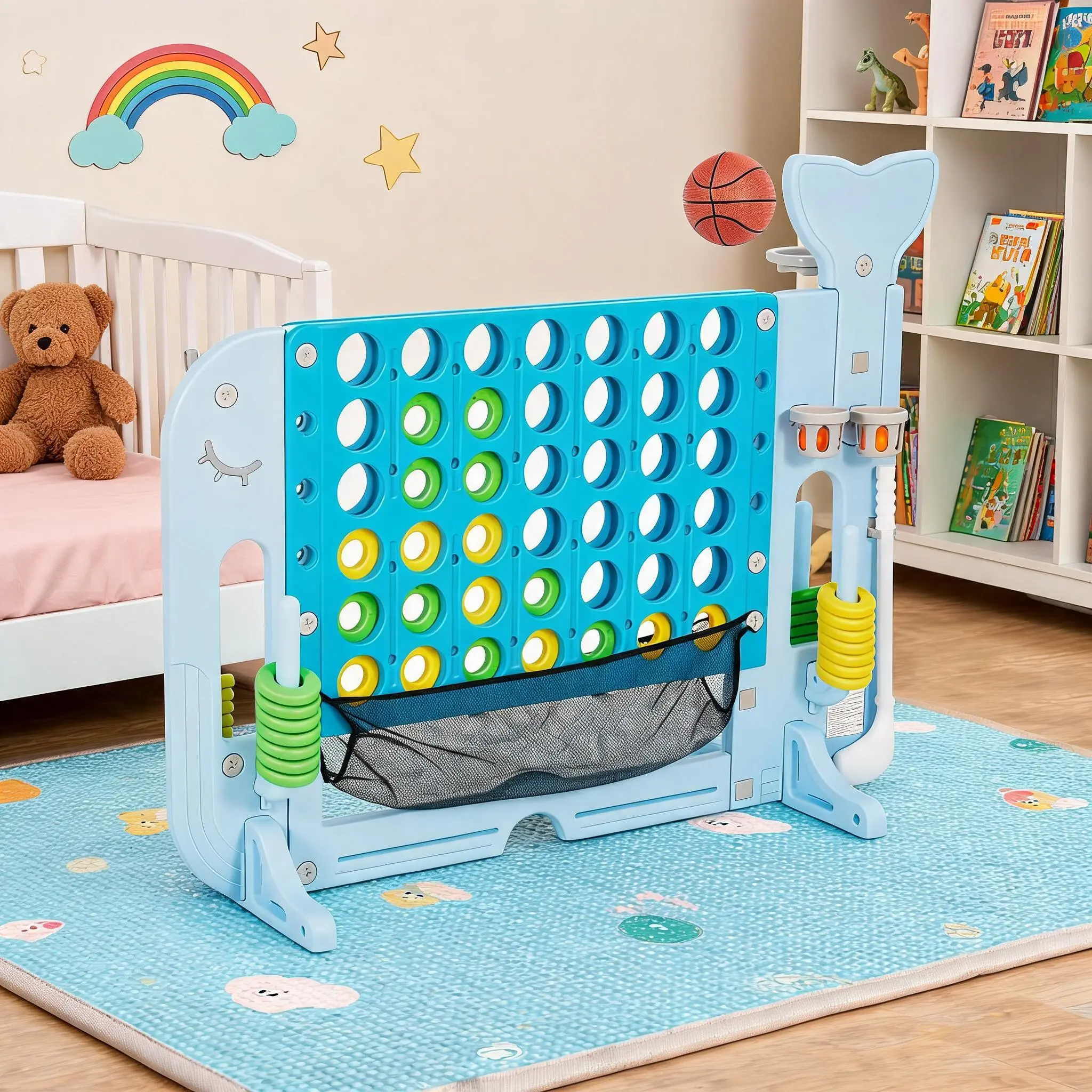 Giant 4 In a Row Game,Adjustable Height Game Board Jumbo 4-In-a-Row Game with Quick-Release Slider,Mini Basketball,Golf & Ring Toss Set for Family Party, Outdoor & Indoor