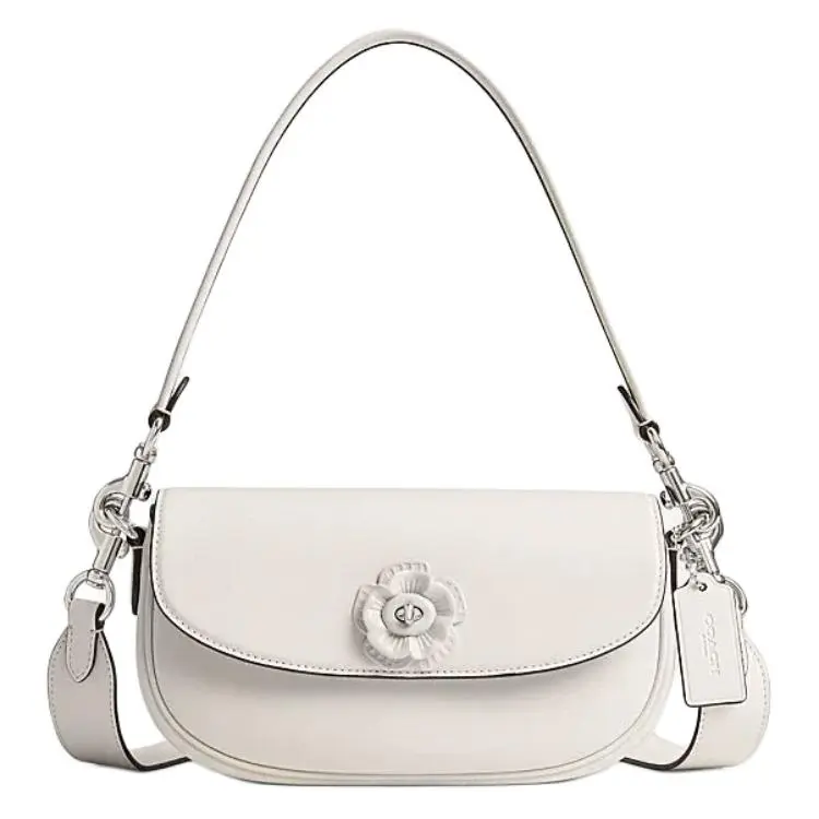 COACH Saddle Emmy 23 Crossbody Handbag for Women – Tea Rose Pattern, Pink and White, Genuine Leather