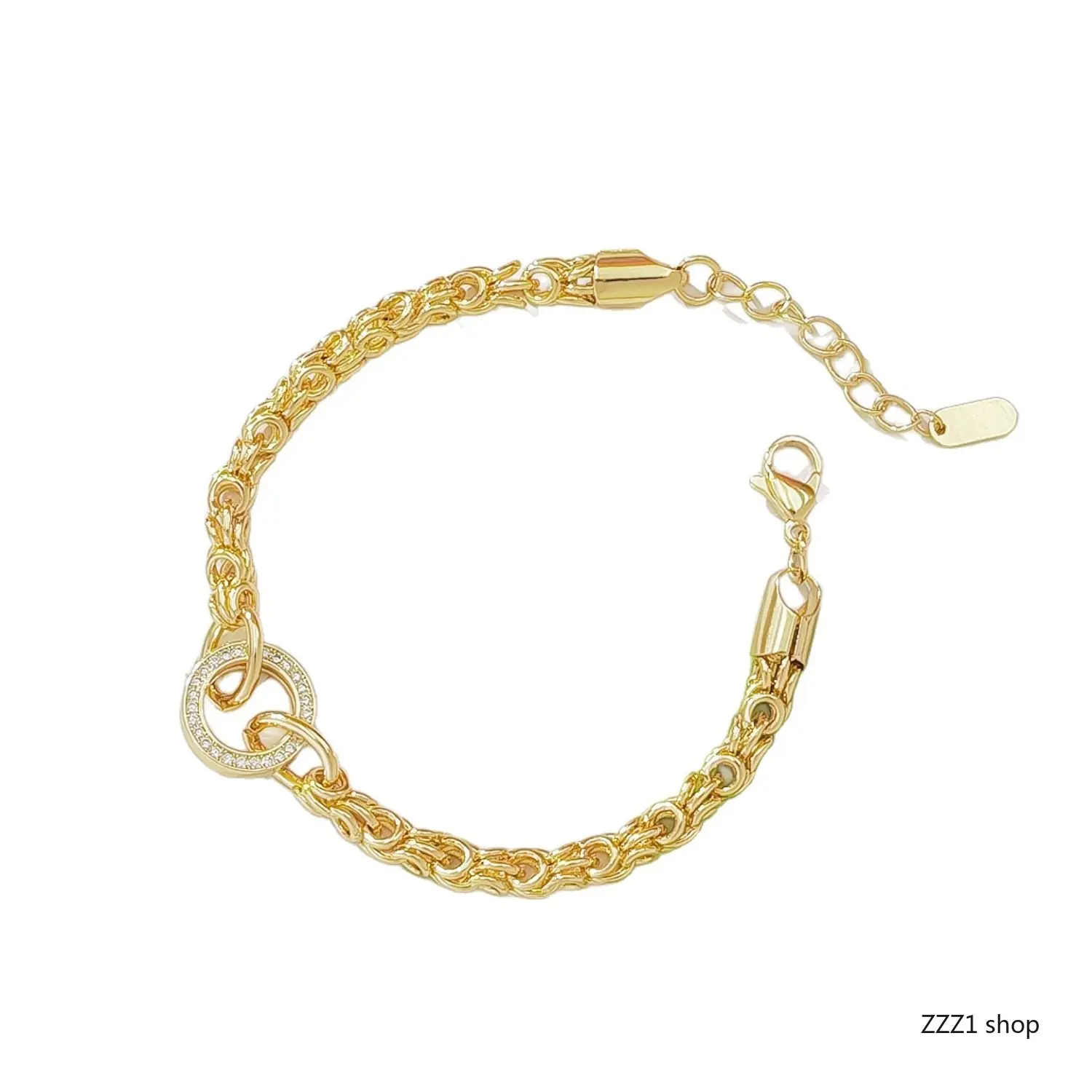 14K Gold Plated Byzantine Chain Bracelet Sparkling CZ Interlocking Circle Charm Link Bracelets for Women Adjustable Stainless Steel Wrist Hand Chain Jewelry Gift