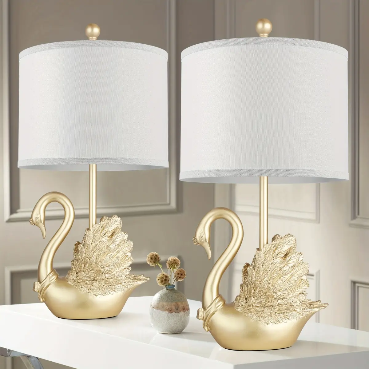 Two-piece Set of Table Lamps: Golden Brass Swan Table Lamps with LED Bulbs.These modern-designed, stylish table lamps are a perfect fit for the decor of any contemporary bedroom or living room, and a