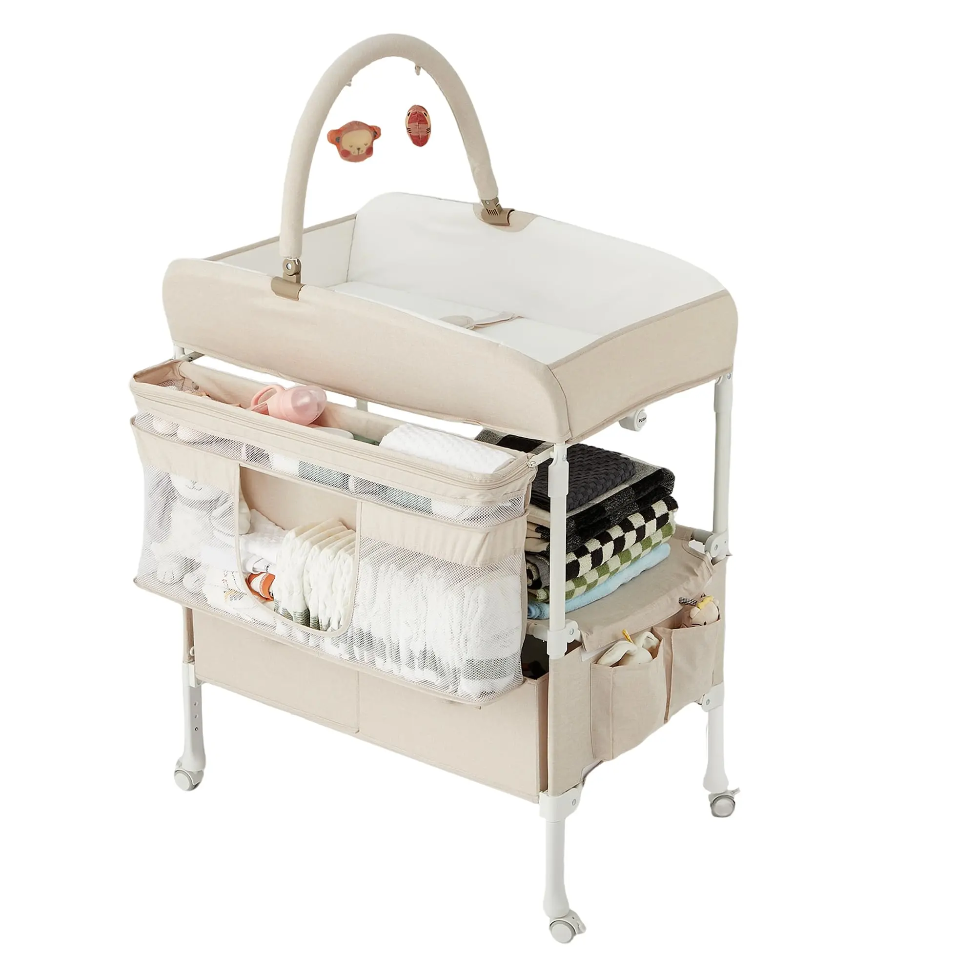 Gaomon Adjustable Collapsible Baby Changing Table with Wheels - Waterproof Portable Diaper Station, 3-Level Height, Storage Basket, 2 Drawers, CPSC Certified, Foldable Toy Arch for Newborns