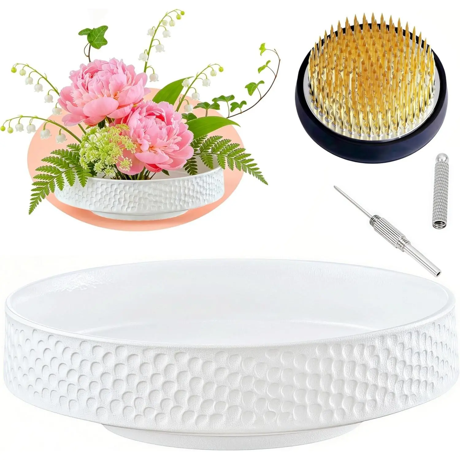 Japanese Ikebana Kit Floral Frog, Japanese Flower Arranging Supplies Flower Container with Needle Straightening Tool & Kenzan - 2.4inch Flower Frog Bowl Vase with White Hammering Pattern