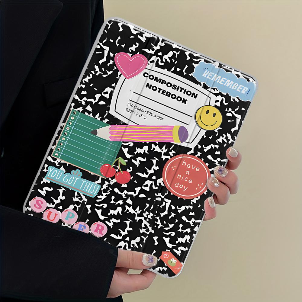 90s Retro School iPad Case with Stand and Pencil Slot,Composition Notebook & Cherry Design  Clear Acrylic Hard Back for iPad 10.2inch 2019/2021, iPad Mini, Pro, Air, Lightweight Scratch-Resistant Design Perfect for School and Home Use