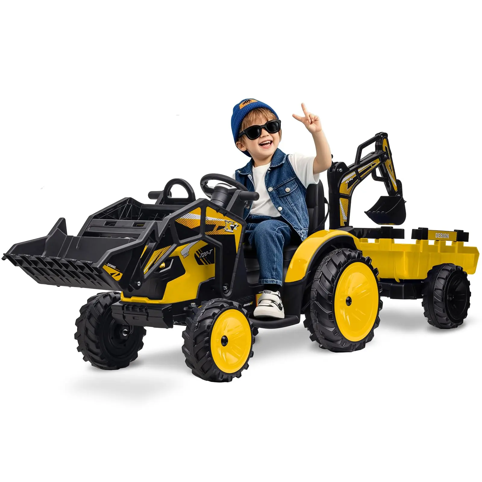 3-in-1 Kids Electric Ride-On Tractor Excavator Bulldozer, 24V Construction Vehicle with Working Shovel & Digging Bucket, Trailer, 2.4G Parent Remote, Soft Start, Safety Belt, Music, USB, EVA Wheels, Outdoor Toy for Boys Girls Age 3-8