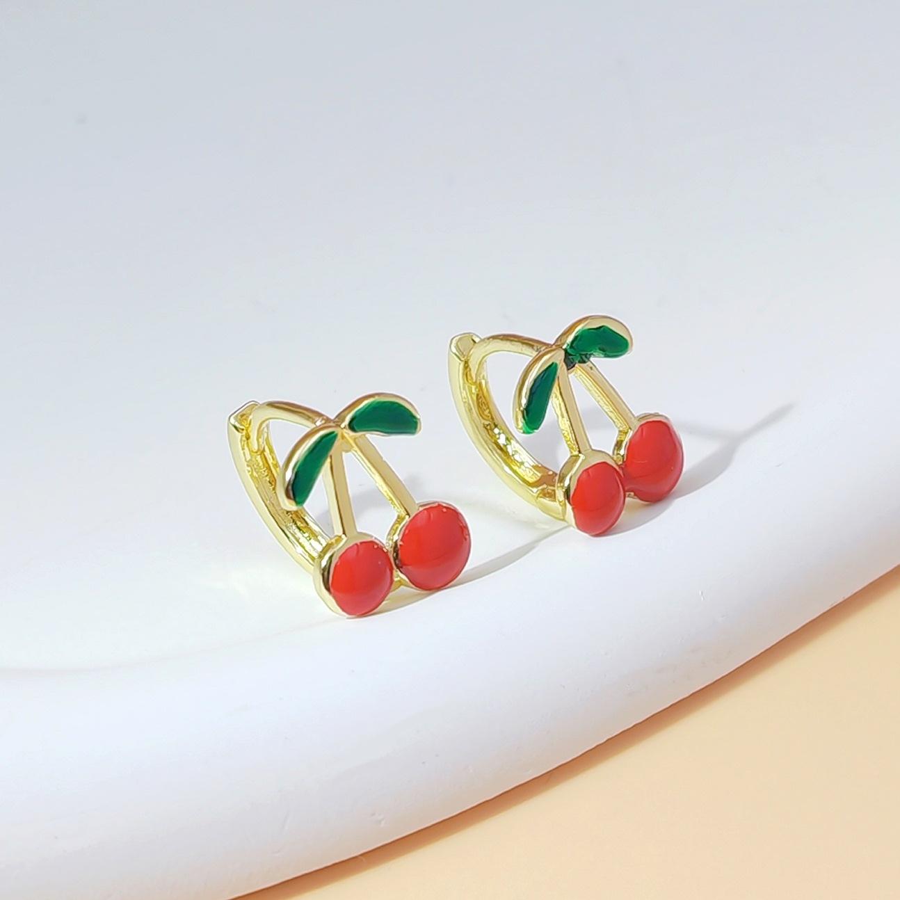 18K Gold Plated Cherry & Strawberry Enamel Hoop Earrings for Women, 3D Stereo Design, Cute Trendy Y2K Aesthetic Jewelry, Lightweight & All-Match for Daily Wear, Dates, Parties & Gift Giving