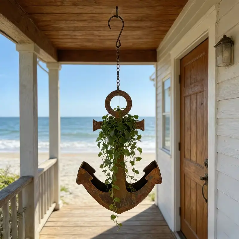Vintage Rustic Iron Ship Anchor Hanging Planter, Outdoor Garden Decor, Wall Mounted Flower Pot, Nautical Theme Ornament, Balcony Succulent Container