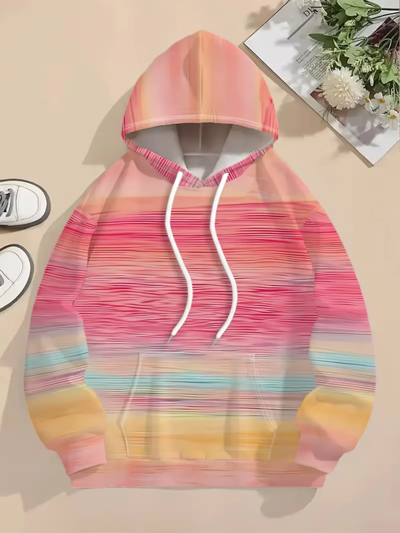 Women's Rainbow Gradient Striped Hoodie, Casual Long Sleeve Pullover, Comfortable Fashion Daily Wear, All Seasons