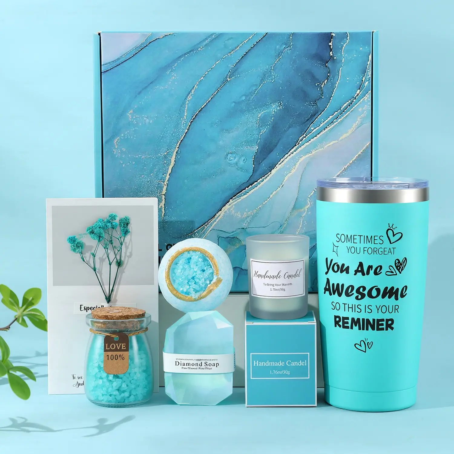 1 Set light blue souvenir gift box set, complete set including insulated tumbler, scented candle, bath bomb, gemstone soap, bottled bath salt and greeting card, an ideal gift for men and women for birthdays and holidays Relaxing Gift Box