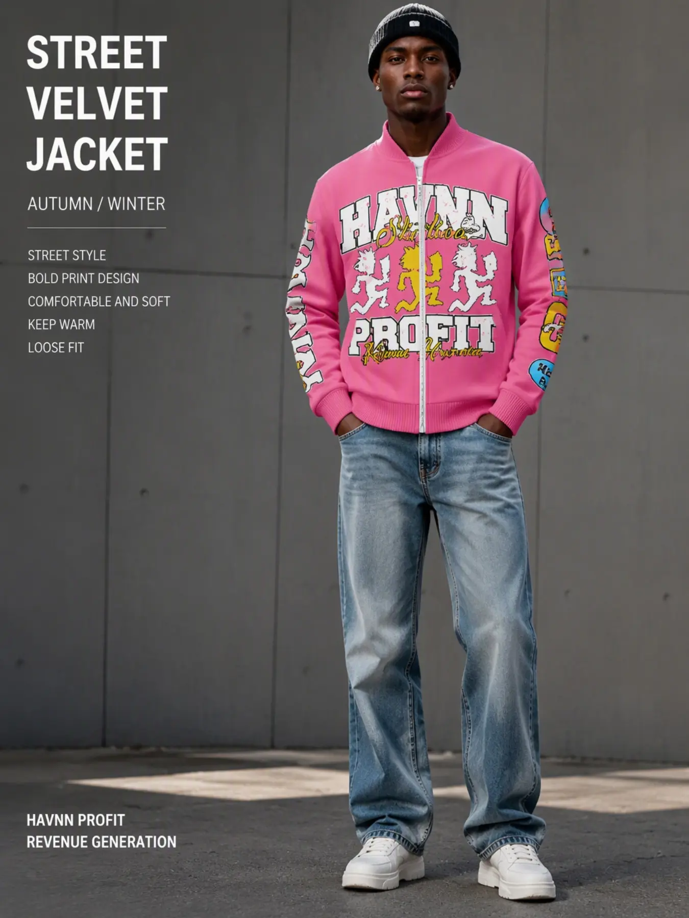 Men's Full-Zip Bomber Jacket, Vintage Cartoon Skull Print, Windproof Baseball Collar, Streetwear Fall & Winter Outerwear