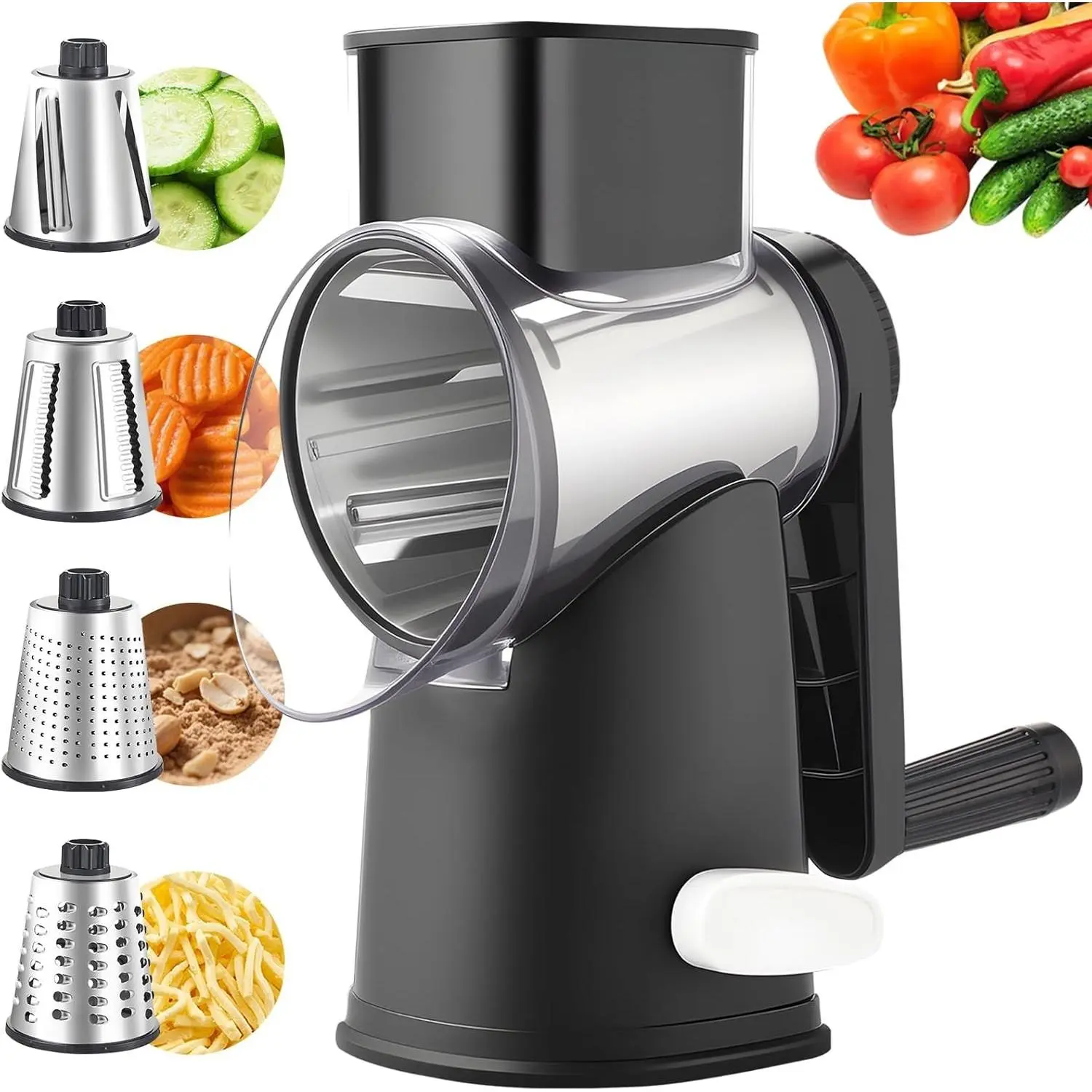 4 in 1 Large Rotary Cheese Grater Hand Crank (Black 4 Graters) | Cheese Shredder Rotary and Slicer with 4 Stainless Steel Blades for Vegetables, Veggie and Cheese, Stronger Suction Base