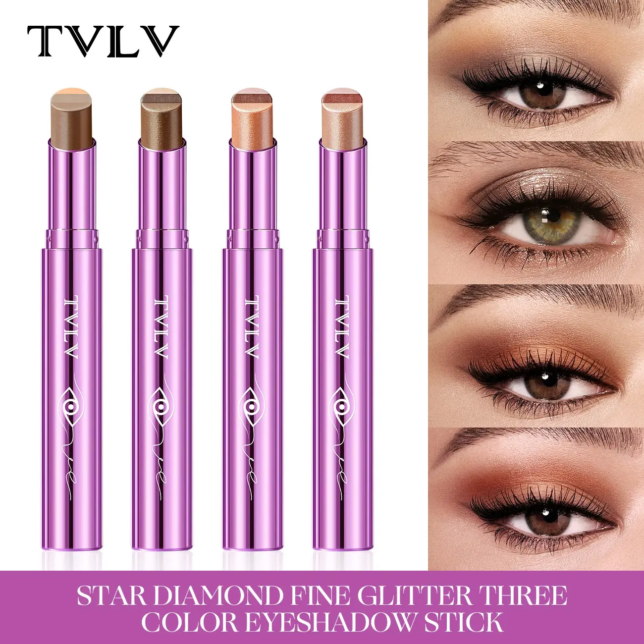 Fine Flash Three-Color Eyeshadow Stick, Pearl Gradual Glitter Highlighter, Waterproof Sweatproof Lazy Eye Shadow, Beginner-Friendly, Quick Makeup