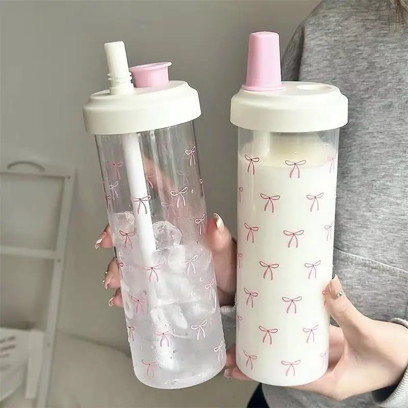 Large Straw Water Cup with Lid, 500/850ML, Thick Straw Milk Tea Cup, Suitable for Various Granular Drinks, Outdoor Campus Plastic Drinking Cup