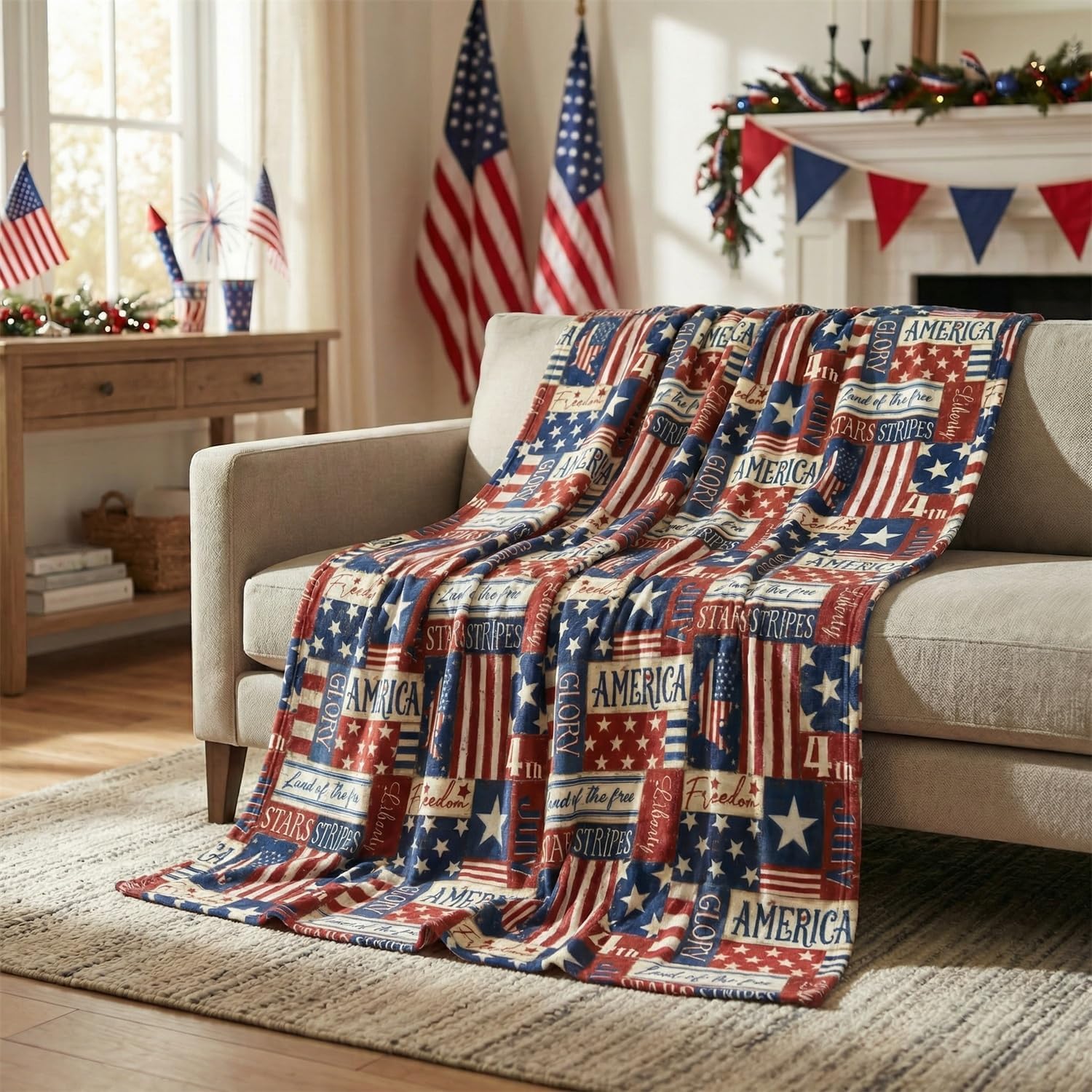 Horaldaily 4th of July Flannel Blanket Throw, Patriotic Veterans Day American Flag Soft Fuzzy Plush Cozy Fleece Blankets for Couch Sofa Bed Decor, Ideal Gifts for Kids Adults 50x60