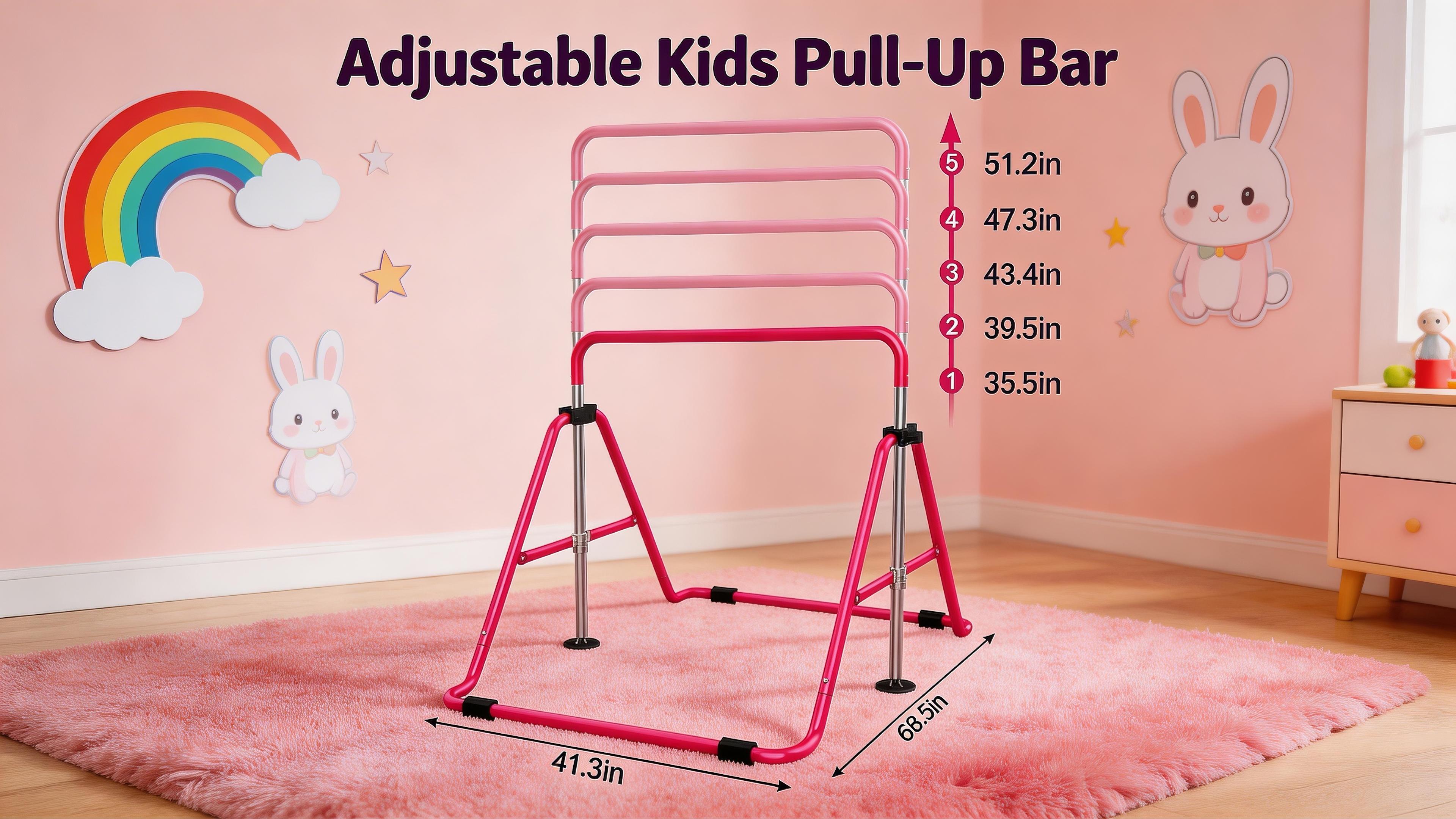 Aobtkel Gymnastics Bar for Kids withRings, Adjustable Height Folding Horizontal Bars,Junior GymnAdjustable Kids Gymnastics Bar - Foldable Horizontal Bar for Home, Safe Sturdy Training Equipment for Children, Perfect for Pull-Ups, Stretching, and Physical