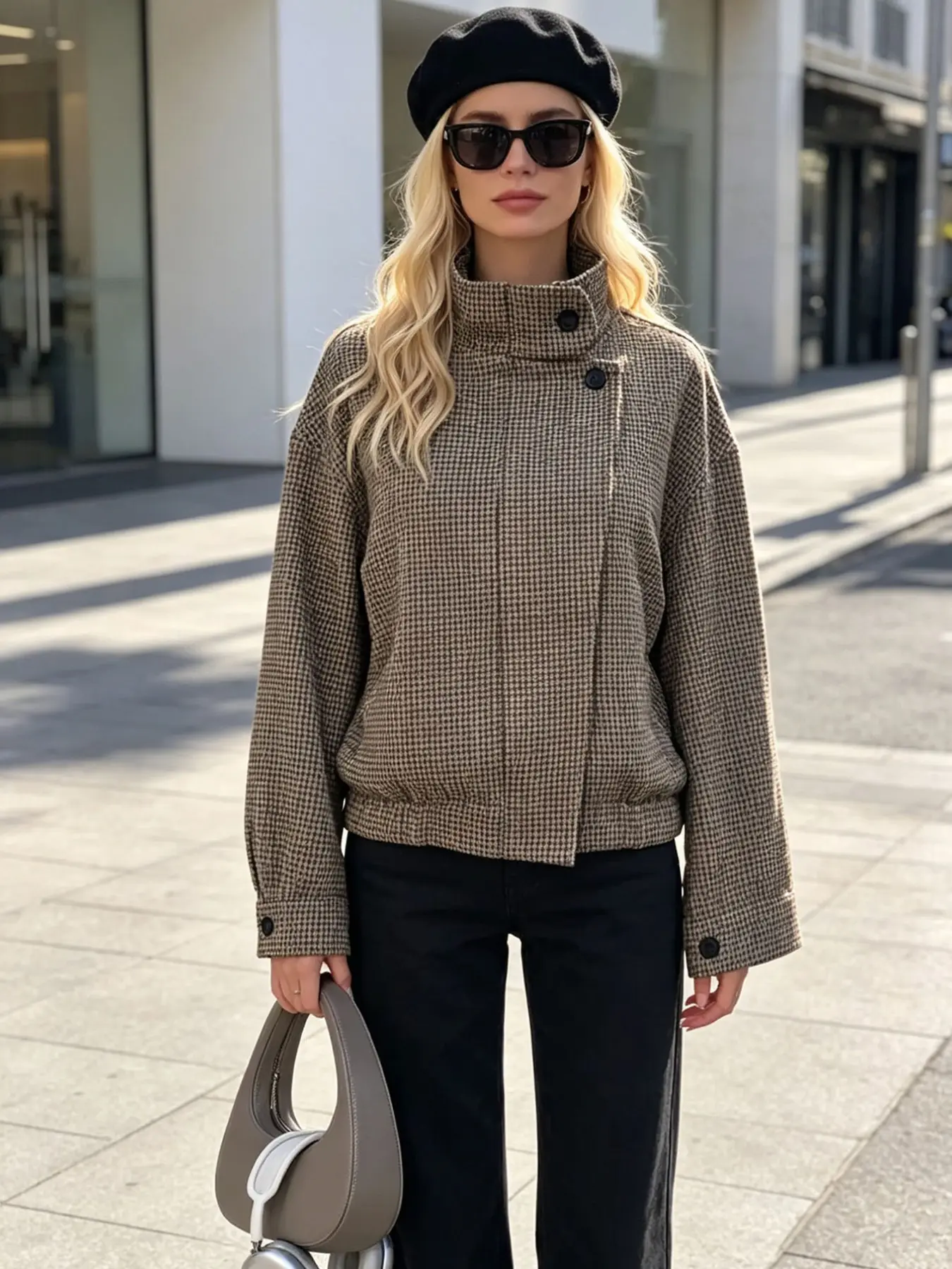 Women's Houndstooth High Neck Short Jacket, French Vintage Slant Lapel Button Coat, Minimalist Luxury Short Outerwear, Chic Casual Style