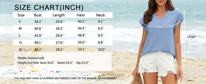 Danedvi Women's V Neck Chiffon Blouses Cap Sleeve Shirts Casual Loose Work Office Solid Tops Chic Polyester