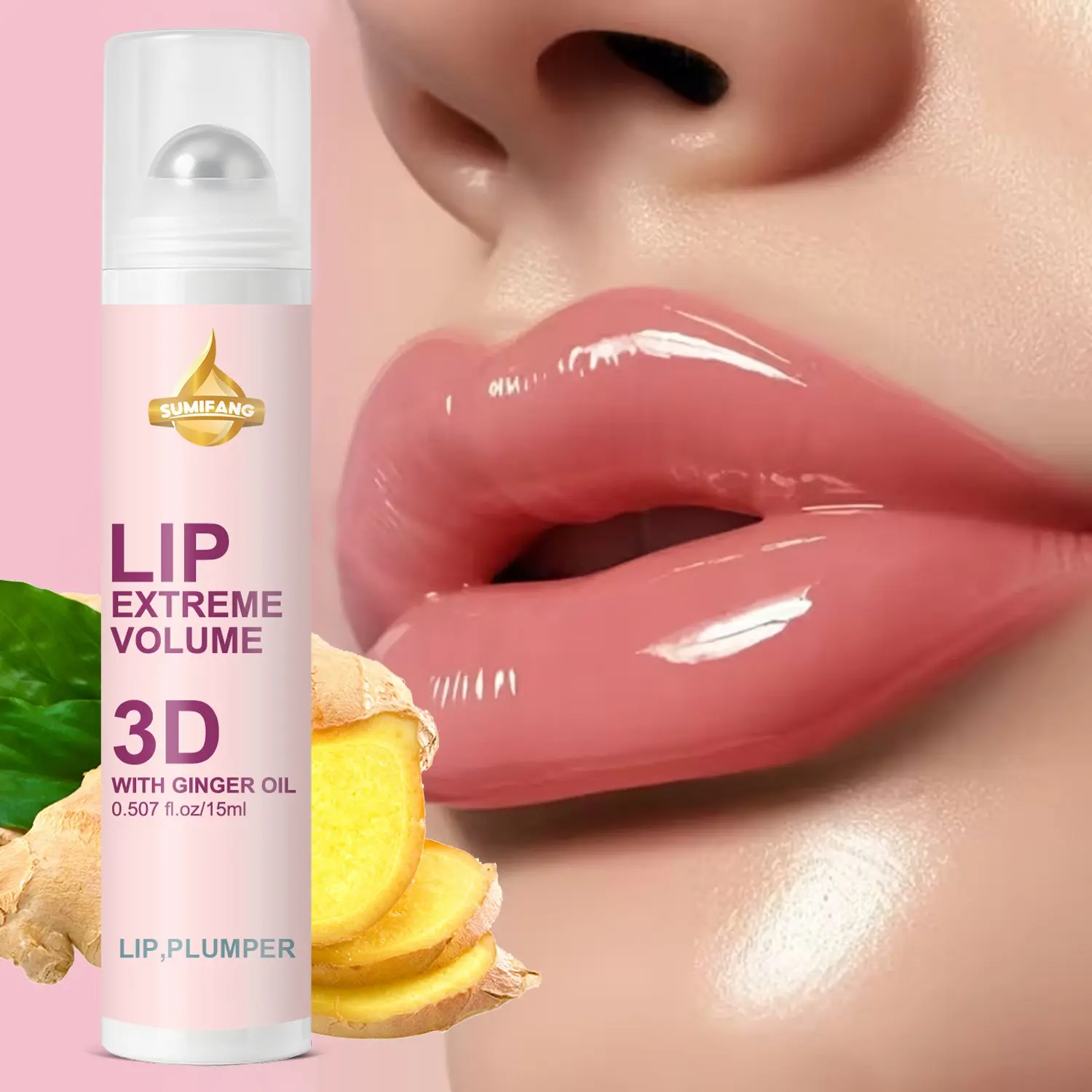 3D Lip Plumping Essence with Turmeric and Massage Roller, Extreme Lip Plumper, Instantly Fuller and Brighter Liquid Lip Gloss, Long-Lasting Shine, Soft and Smooth, Turmeric Lip Balm