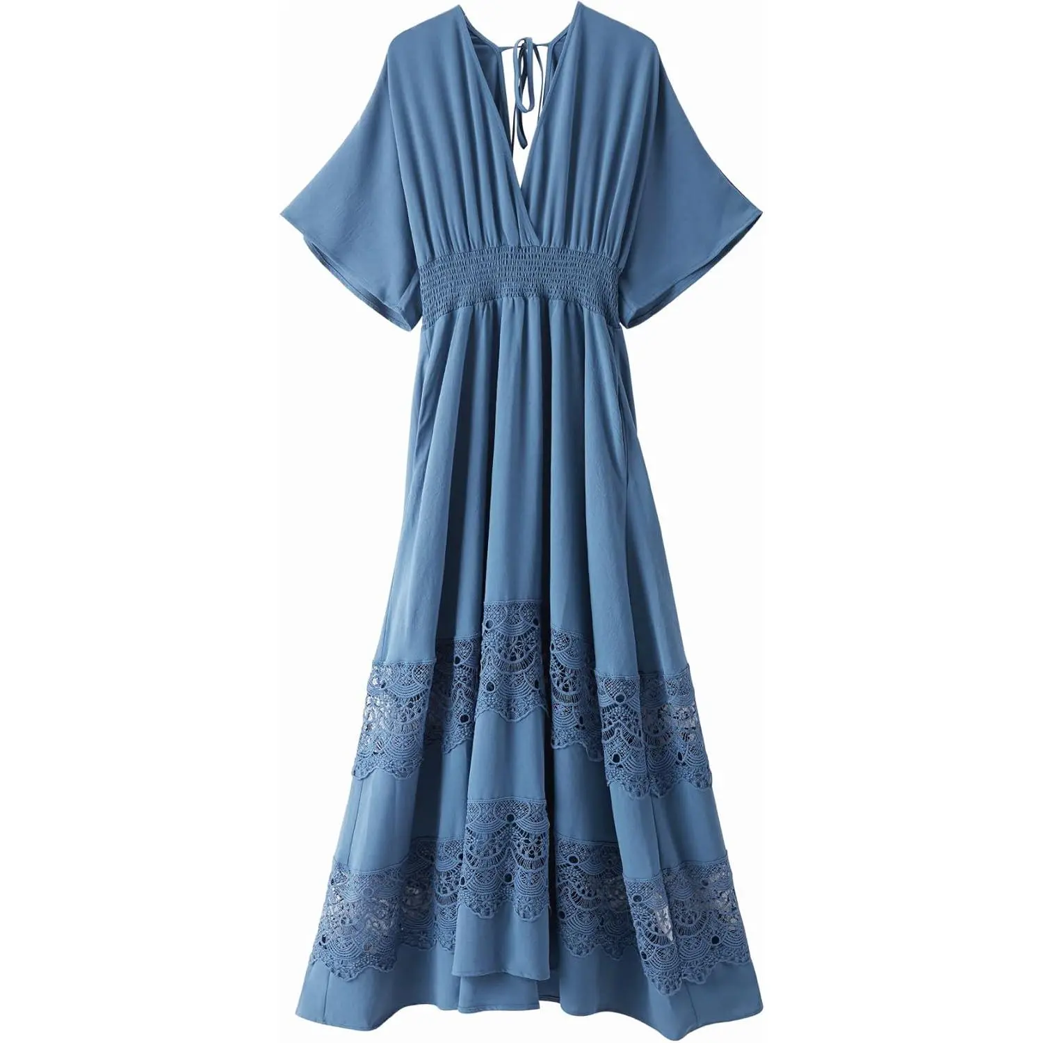 Women's Lace Maxi Dress Short Sleeve V Neck Party Dress Smocked Waist Boho Maxi Dress Bohemian Dress for Women