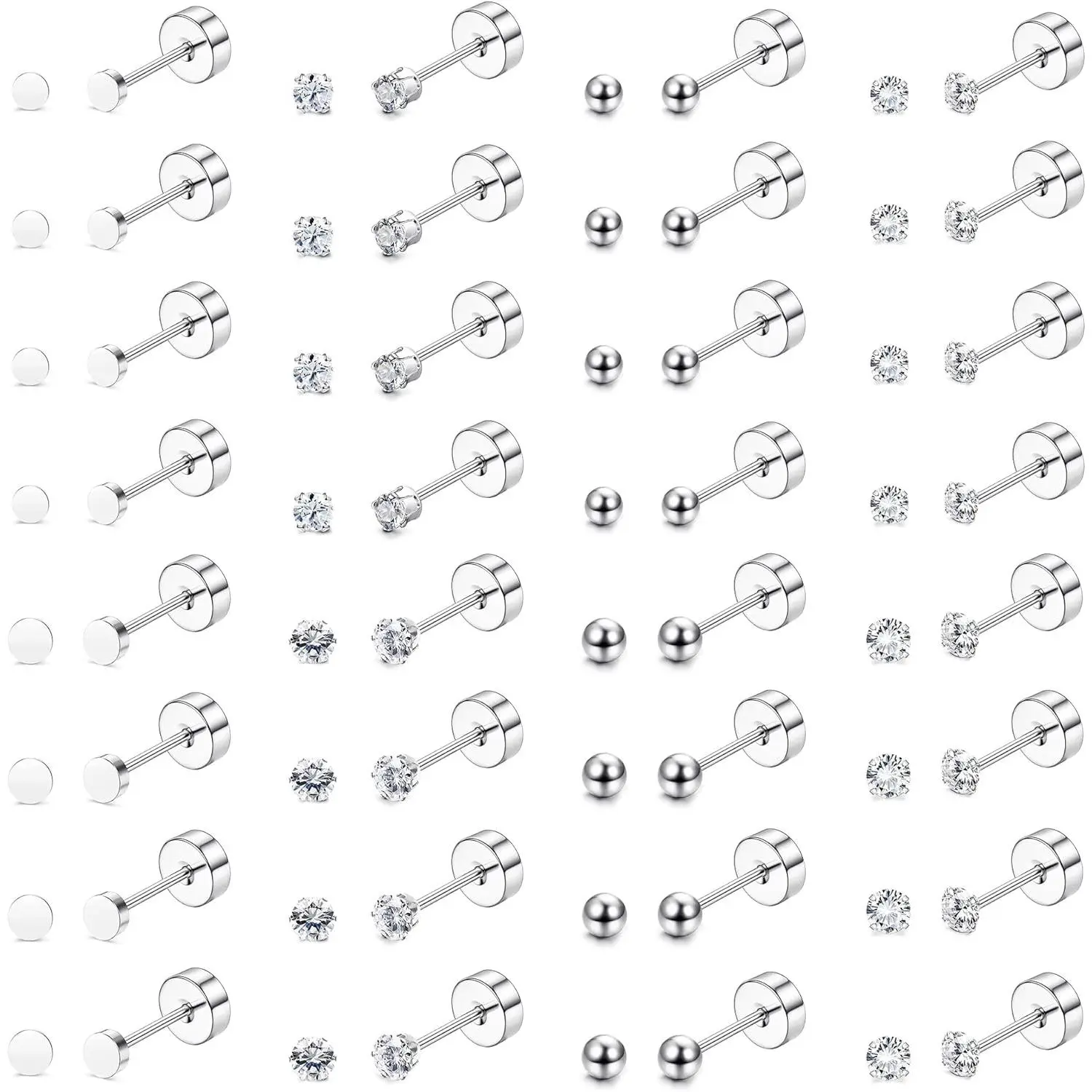 16 Pairs Tiny Cartilage Stud Earrings for Women Men Surgical Steel Flat Back Cartilage Earrings Hypoallergenic Cubic Zirconia Tiny Ball Studs Earrings 2mm 3mm Tragus Helix Daith Piercing