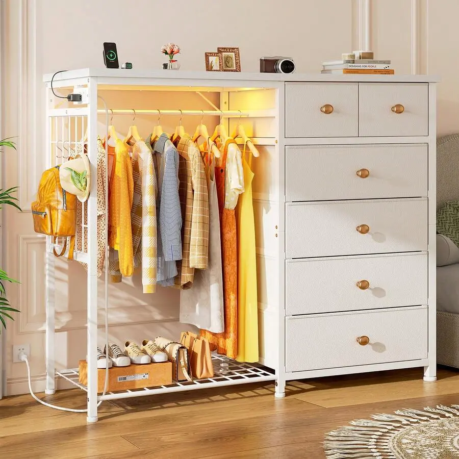 49.2" W Dresser For Bedroom With Hanging Rack 6 Drawers Dresser With LED Lights & Charging Station, Fabric Dressers & Chest Of Drawers With Clothes Rack, Wooden Top, Grid Panel, Closet, Milky White