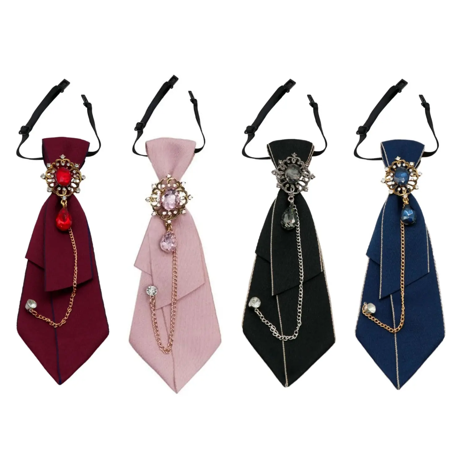 4 Pack Elegant Vintage Women'S Tie With Crystal Adjustable Ties For Women Preppy Style Pre-Tied Neck Tie For School Work Graduation Ceremony Party