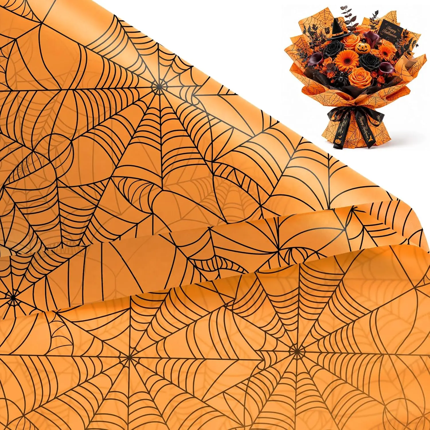 20 Sheets Flower Wrapping Paper, Orange Spiderweb Design Plastic Packaging -  Floral Bouquet Wrapping Paper - Florist Supplies Packaging for Halloween, Birthday, DIY Crafts