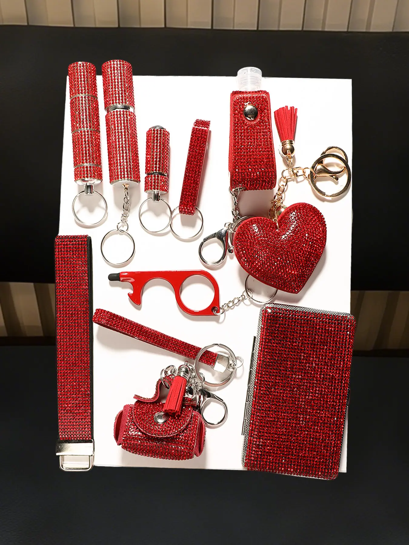 9pcs Red Full Diamond Shiny Accessories suit Rhinestone Keychain Card Case Wolf Protection Multi-piece Set Fashion Women Bling Diamond Keychain