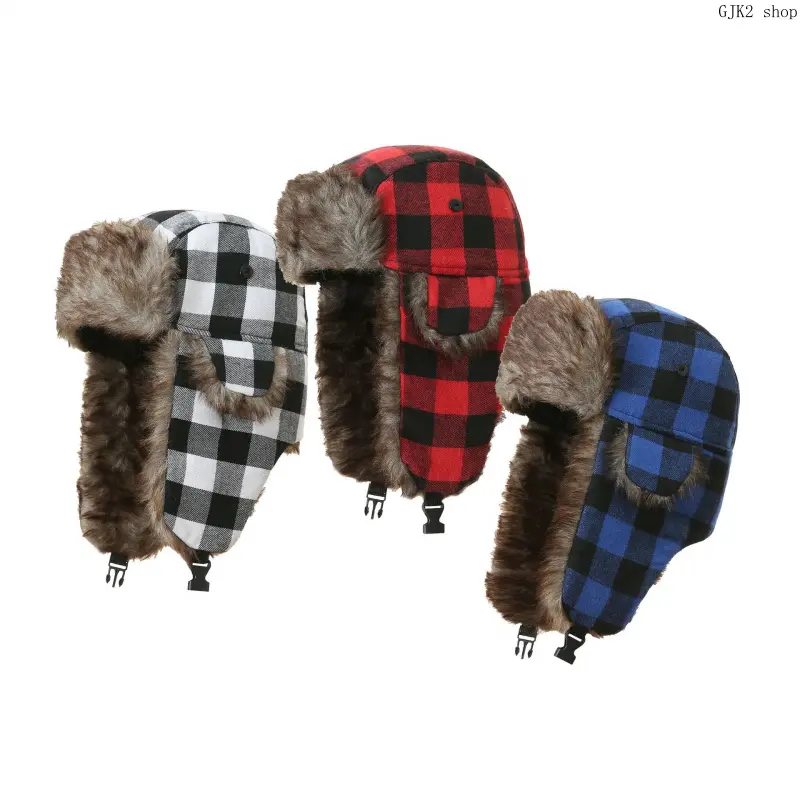 Plaid Faux Fur Lined Trapper Hat for Men Women, Windproof Warm Ear Flap Winter Cap Adjustable Buckle Cold Weather Hat for Skiing Camping Outdoor Work