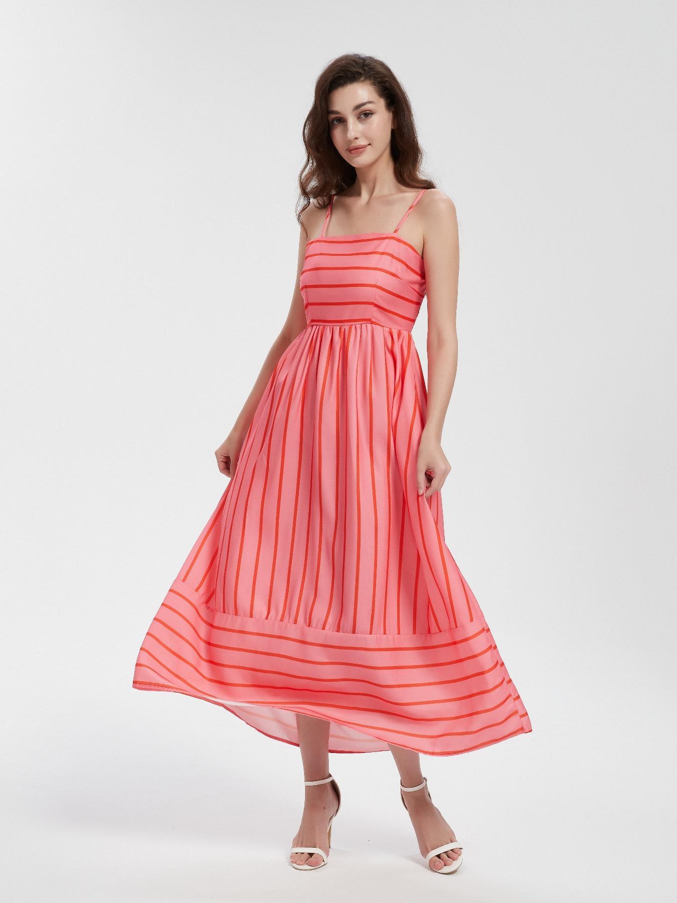 Women's Striped Print Cami Spaghetti Strap Sleeveless Dress, Fashion Casual Long Dress for Daily Outdoor Wear, Ladies Dress for Summer, Casual Basic Fashion, Casual Chic Dress