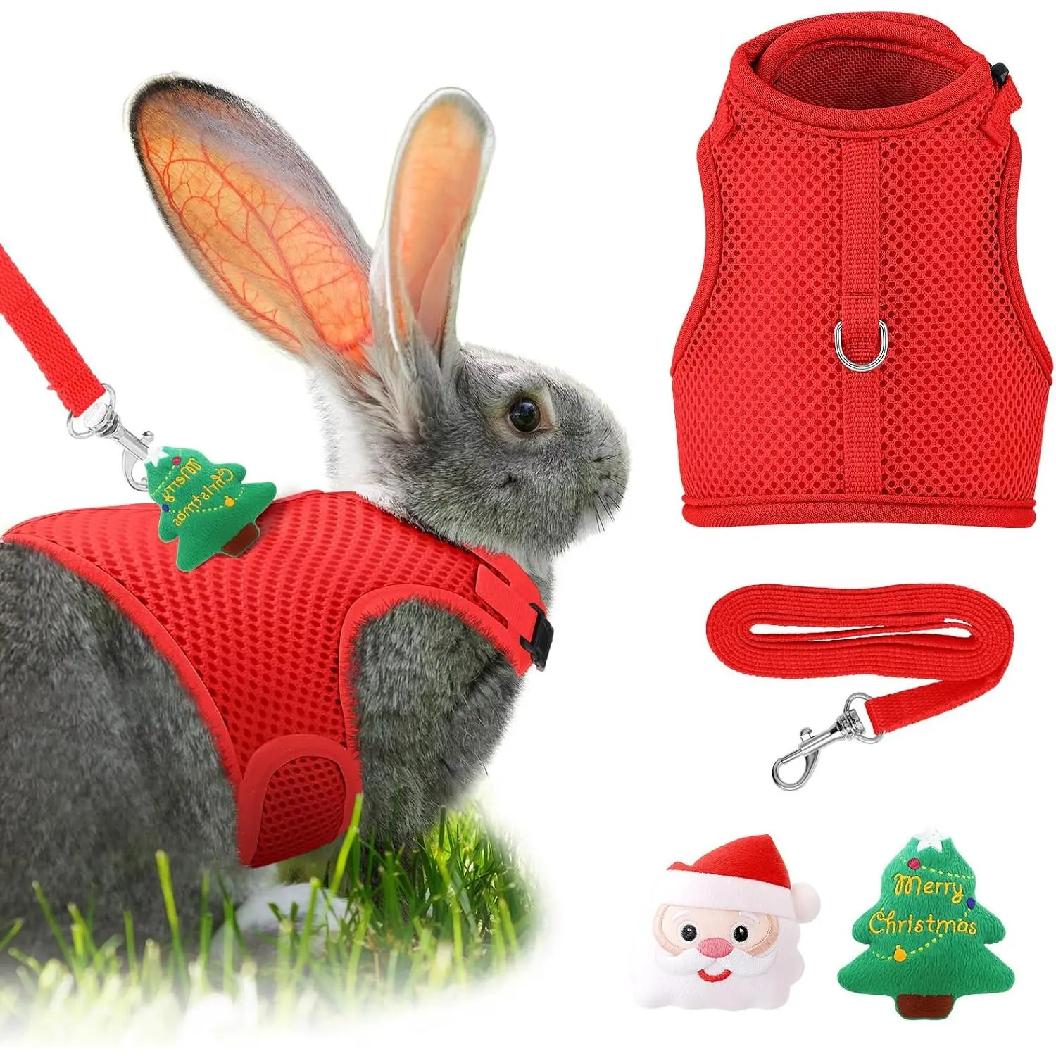 Easter Bunny Costume  Harness and Leash Set with 2 Cute Decorations Bunny Clothes Adjustable Buckle Breathable Mesh Vest Harness for Rabbits Ferret Small Pig Puppy(Red,Tree)