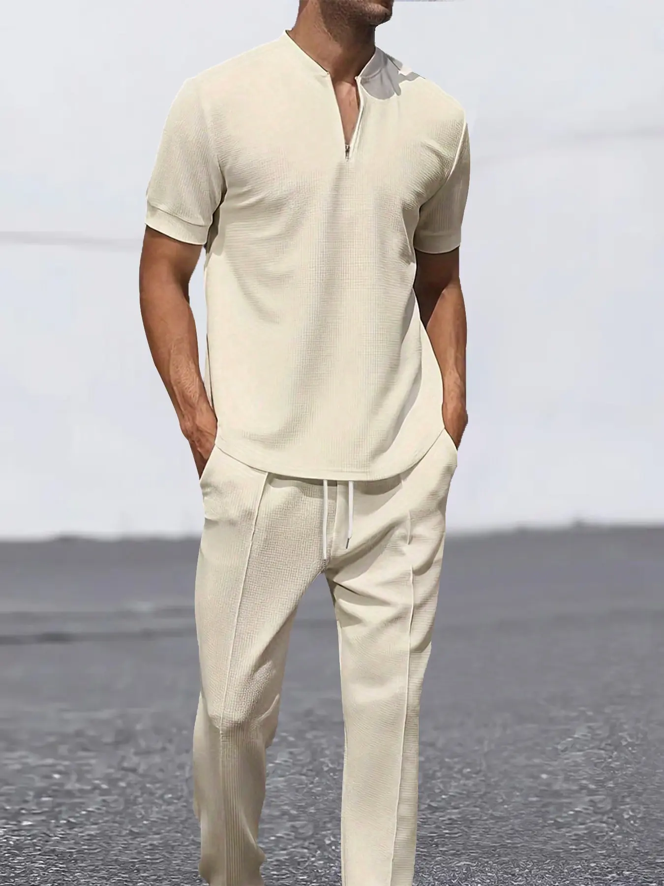 Men's 2 Piece Waffle Knit Loungewear Set Plain Solid Cream Beige Half Zip Stand Collar Short Sleeve T-Shirt & Elastic Drawstring Straight Long Pants Soft Breathable Lightweight Casual Pajama Suit for Home Sleep Indoor Daily Outdoor Wear