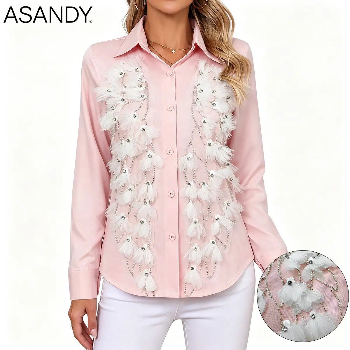 ASANDY Women's 3D Tulle Feather Rhinestone Chain Embellished Satin Blouse - Elegance Style, Casual Longsleeves, Blush Pink Glossy Collared 1-Piece Daily Statement Top, Polyester