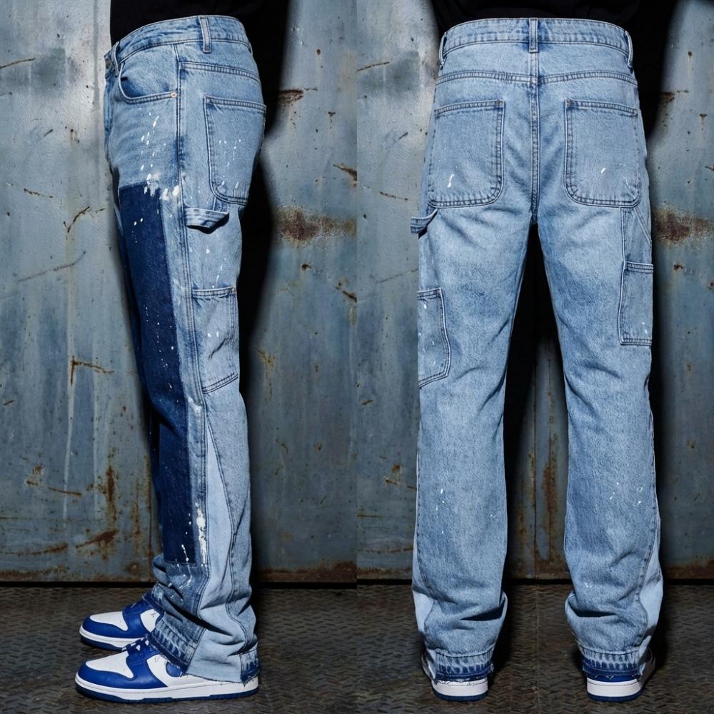 Men's Viral 2026 Trend Flare Denim Jeans Patchwork Paint Splatter Flare Denim Jeans Carpenter Pocket Raw Hem High Street Skate Pants Carpenter Flare Denim Jeans Raw Hem Loose Fit Stretch High Street Skate Pants for Men