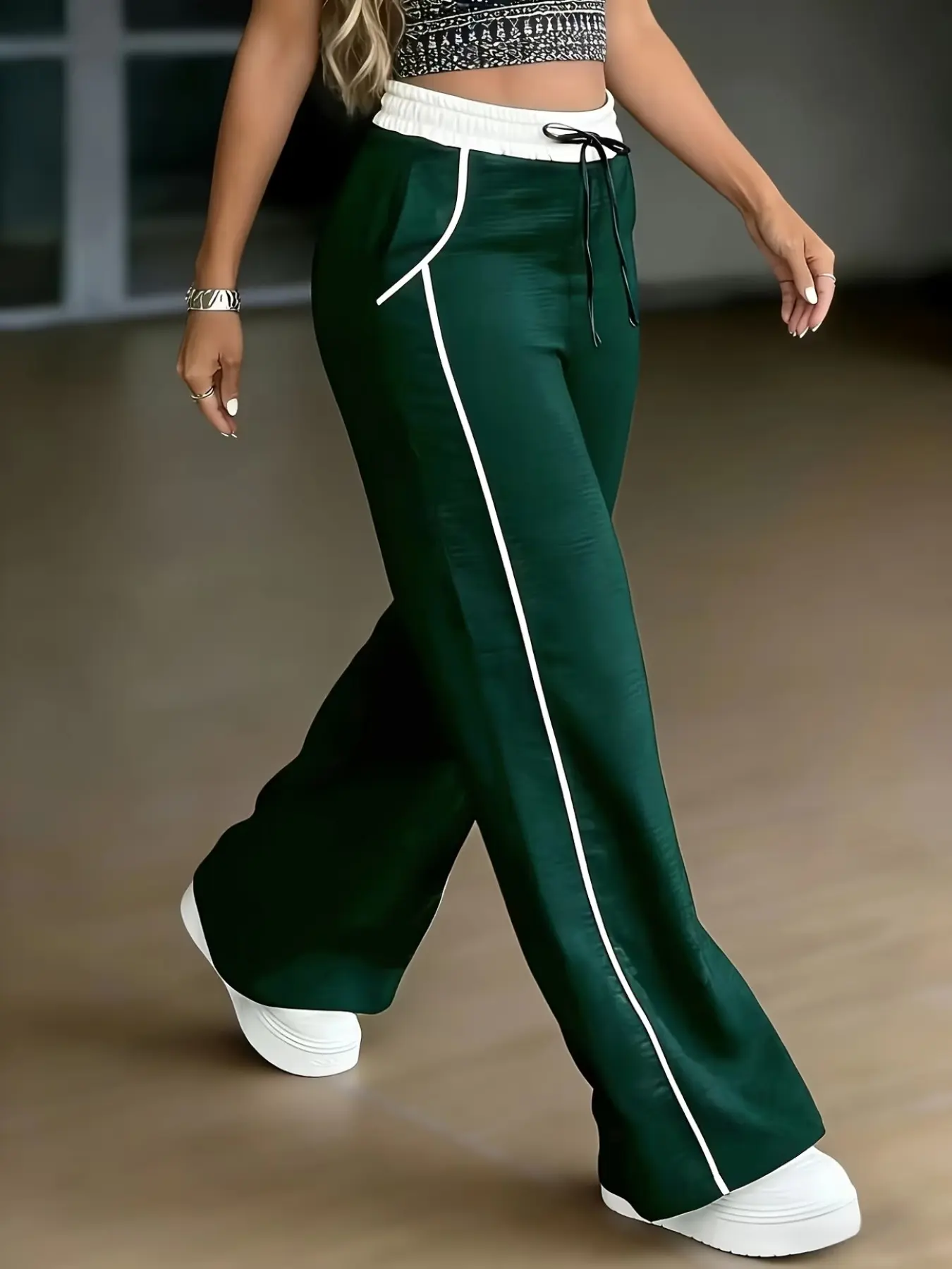 Women's High Waist Drawstring Wide Leg Pants, Side Stripe Y2K Style, Spring Summer New Casual Loose Fit Trousers