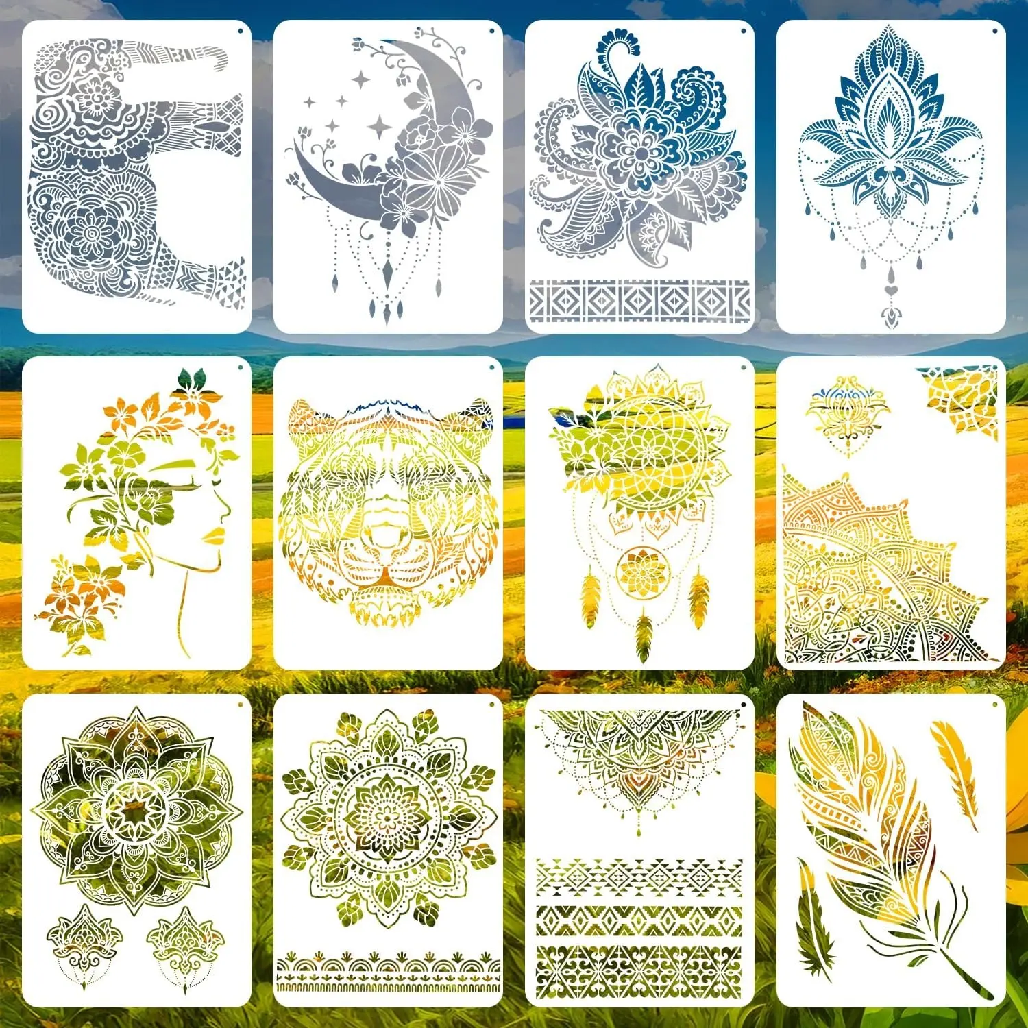 12 PCS Large Mandala Stencils Reusable Floral Moon Mandala Templates Vintage Flower Stencil for Painting on Floor Wood Wall Tile Fabric Furniture DIY Crafts Home Decor 8.3 x 11.7 Inch, A4 Size