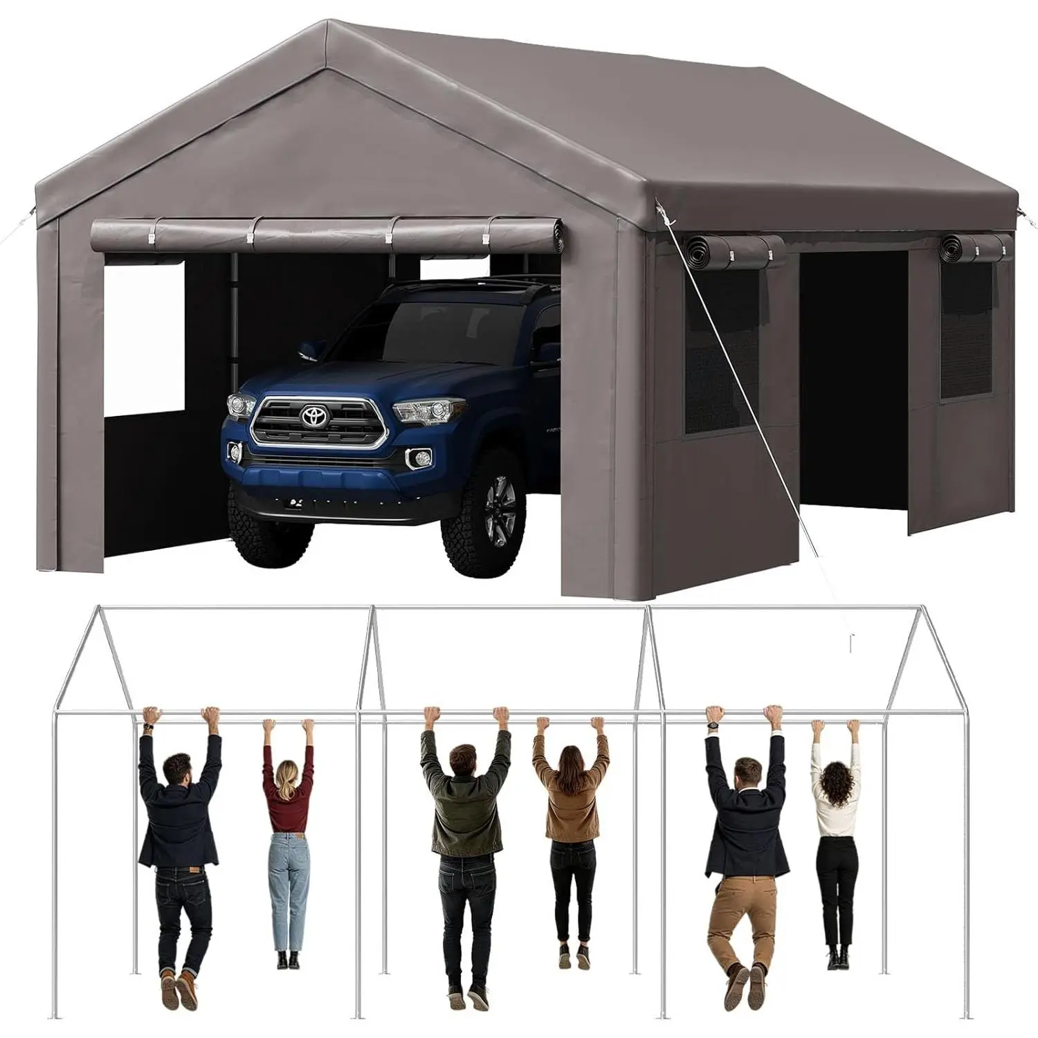 Aoxun Sturdy 12x20ft Heavy-Duty Car Canopy, Portable Garage with Sidewalls & Side Roll-Up Door, Waterproof Sun Protection Exterior-Grade Easy Setup All Weather Canopy Shade Shelters & Gazebos for Cars, Motorcycles, Gray