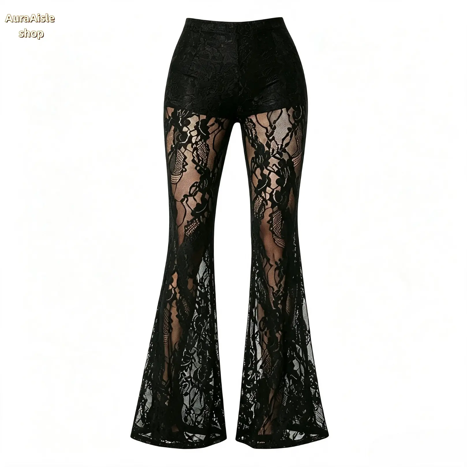 Women’s Bodycon Floral Lace Flare Leg Pants, Elastic High Waist, Sheer Mesh Design, Sexy Slim Fit Bottoms, Casual Club Party Outfit For Spring And Fall