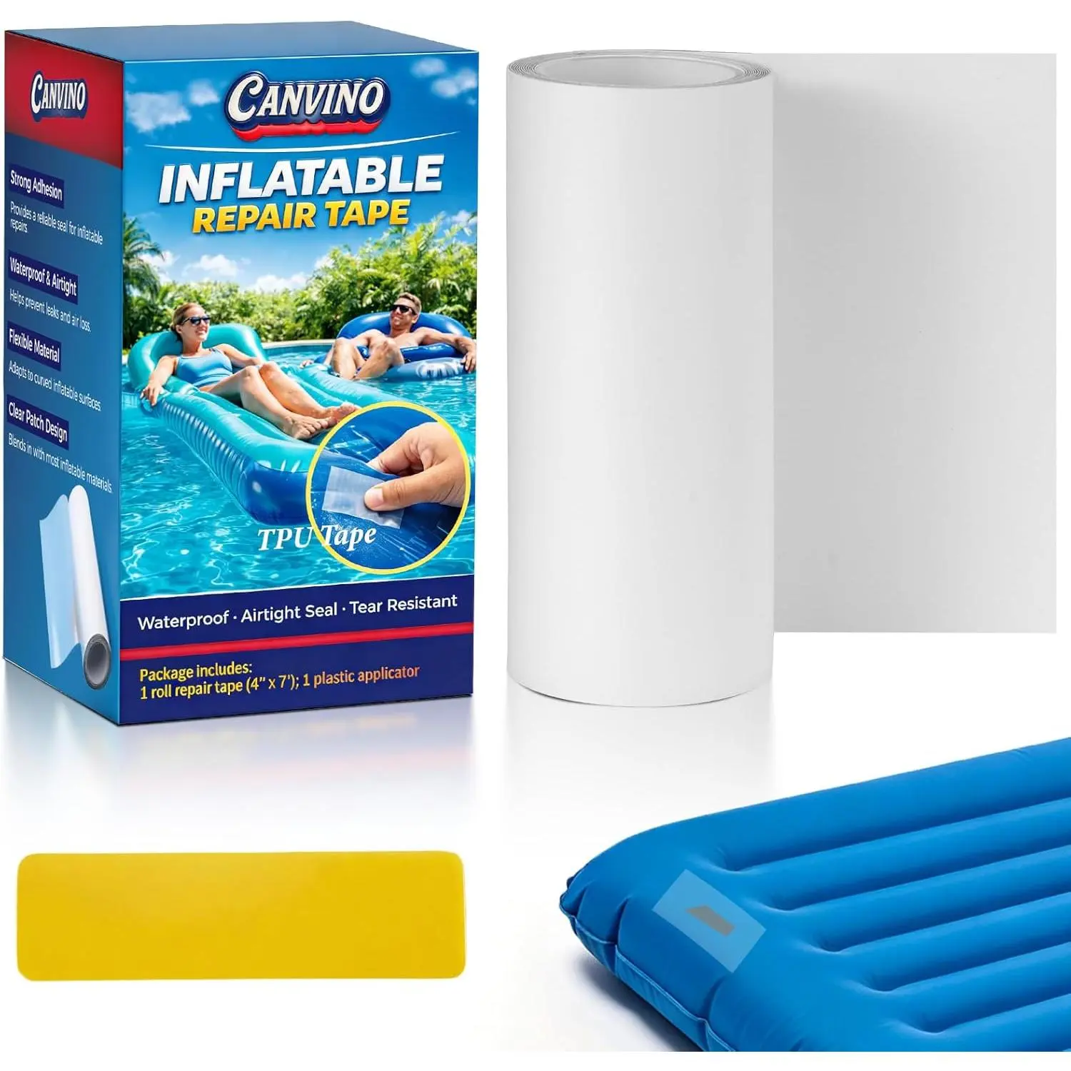 Inflatable Repair Tape, 4 in x 7 ft Clear Waterproof Patch Kit for Vinyl| Puncture Seal for, Pool, Air Mattress, Tent & Tarp, Duty, Cut to Size