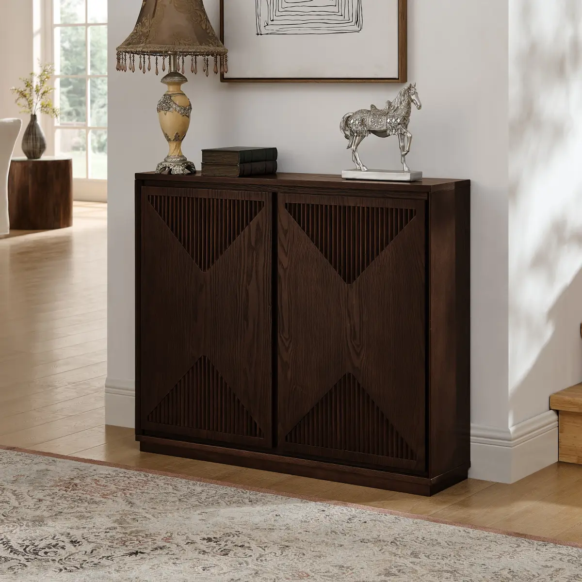 AobtkelMid Century Modern V-shape Storage Cabinet, Buffet Cabinet with Storage, Narrow Side Cabinet for Living Room Entryway Hallway Kitchen, Coffee Bar, Dark Walnut