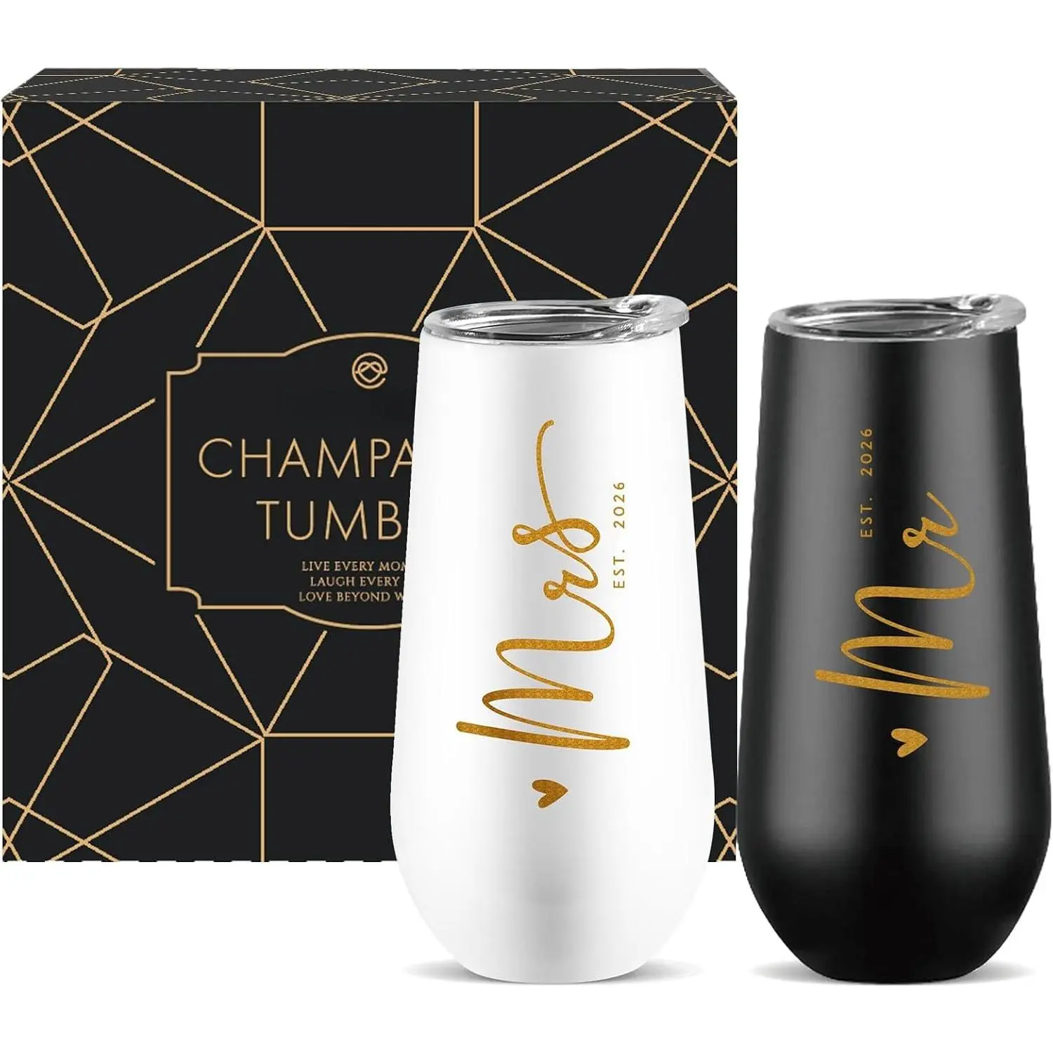 CARANOTS Wedding Gifts for Couples 2026, Mr and Mrs Champagne Flutes 10 oz | Bride and Groom Wedding Tumbler Set, Newly Engaged Gifts for Bridal Shower Engagement Anniversary, Stainless Black White Cups