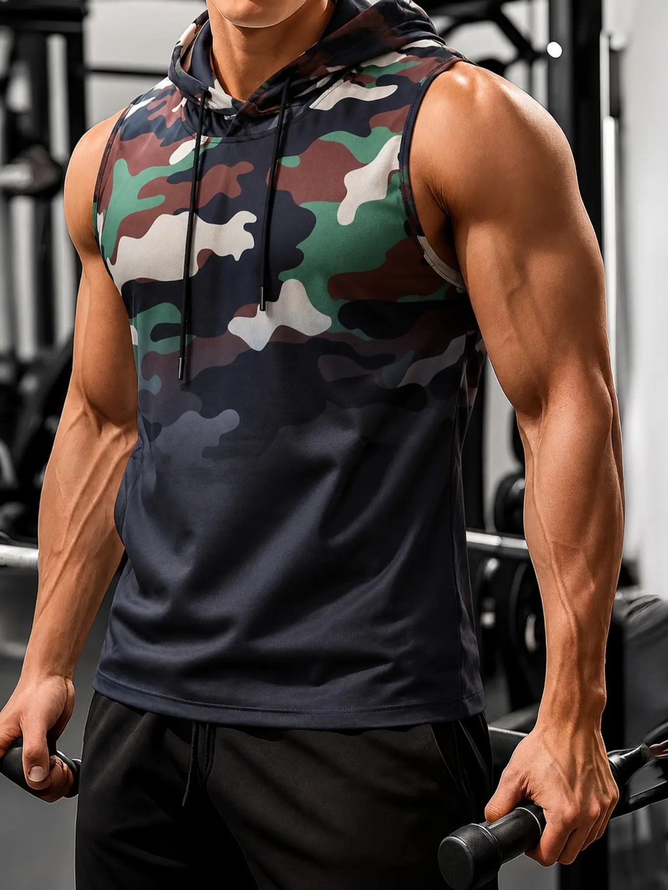 Men's Fashion Camouflage Hooded Sleeveless Vest, Sporty Fitness Outdoor Casual Print Top, Breathable Summer Tank Top