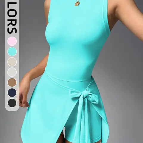 Women's Sleeveless Round Neck One-Piece Skort, Back Cutout Wrap Tie Design, Anti Slip for Tennis and Golf, Sleeveless Sporty Dress