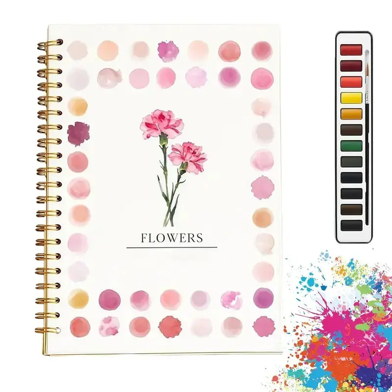 Beginner Watercolor Practice Book, 12 Colors & Brushes, 8 Floral Scenarios, Perfect for Artists, Essential Drawing Tools