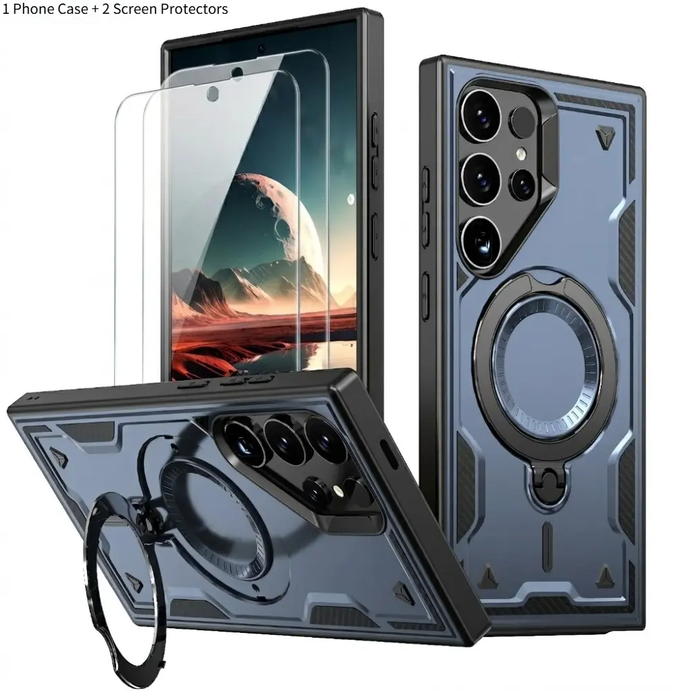 3PCS (1 Phone Case + 2 Tempered Glass Screen Protectors) Shockproof Protective Phone Case With Kickstand for Samsung Galaxy S26 Ultra S26 Plus S26 S25 Ultra S25 S24 Ultra S24 FE S24 S23 Ultra S22 Ultra S22 S21 FE S21